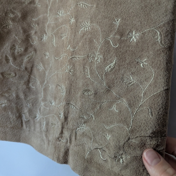 Vintage 90s Embroidered Suede Military Style Jacket with Emperor Collar Taupe S - Picture 12 of 15